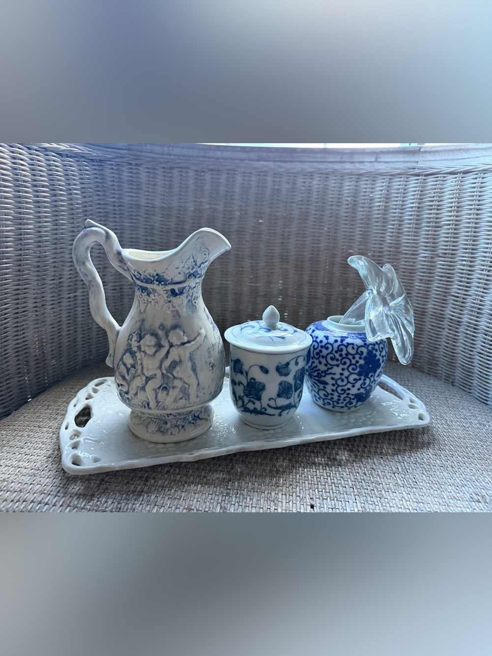 Vintage Blue and White Decorative Ceramic Pitcher and Jar Set - Unbranded
